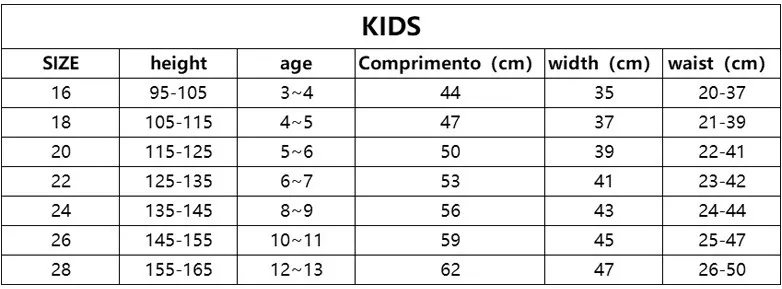 kids shirt kit size chart