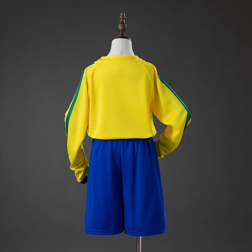 Brazil 2002 Home Retro Long Sleeve Kids Kit Jersey