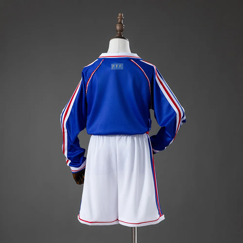 France 1998 Home Retro Long Sleeve Kids Kit Jersey — 1/2